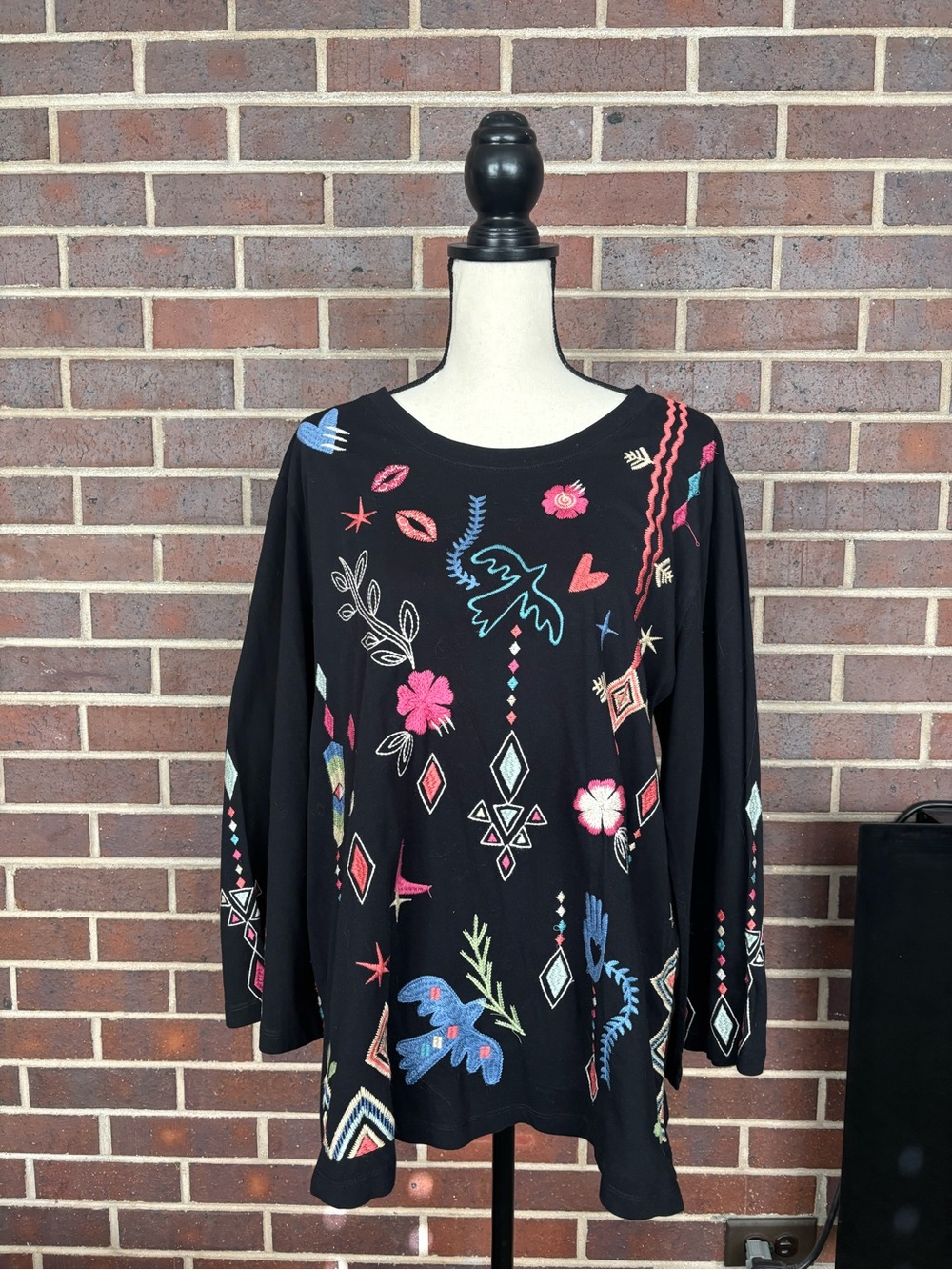 NWT JOHNNY WAS MILLEY KIMONO SLEEVE TEE Embroidered Black Cotton XL - Picture 4 of 7